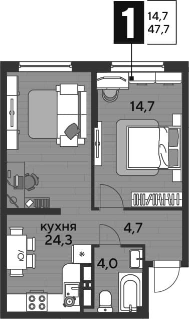 Продается 1-комн. квартира, 47.7 м²