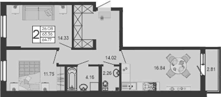 Продается 2-комн. квартира, 63.36 м²