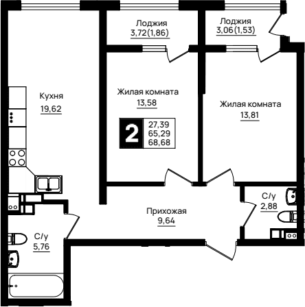 Продается 2-комн. квартира, 65.29 м²