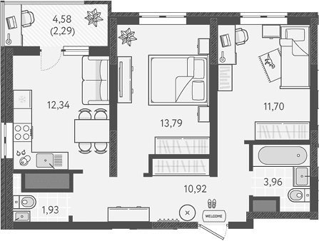Продается 2-комн. квартира, 54.64 м²