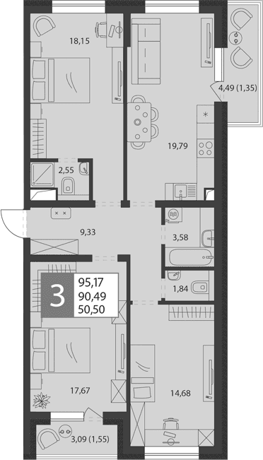 Продается 4-комн. квартира, 87.59 м²