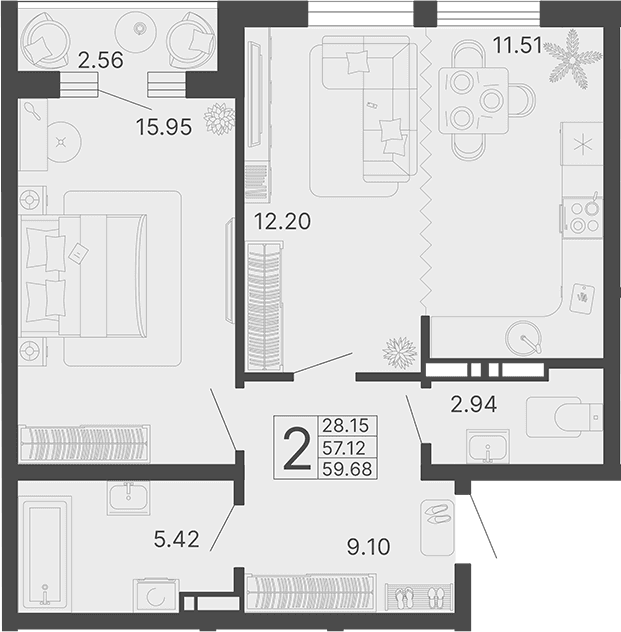 Продается 2-комн. квартира, 57.12 м²