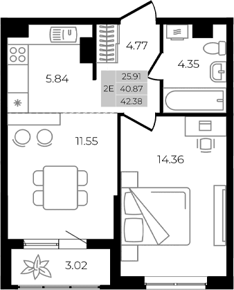 Продается 2-комн. квартира, 40.87 м²