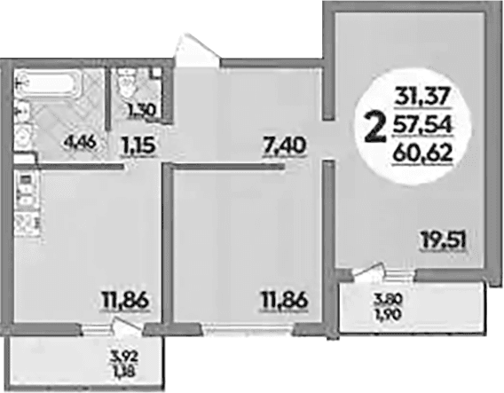 Продается 2-комн. квартира, 57.54 м²