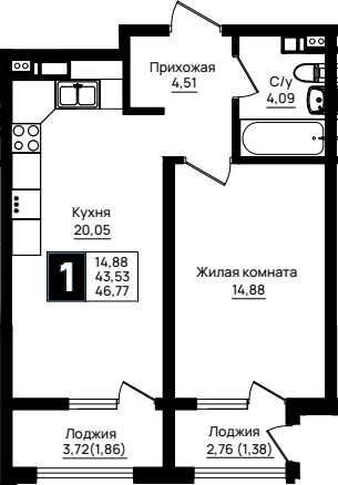 Продается 1-комн. квартира, 43.53 м²