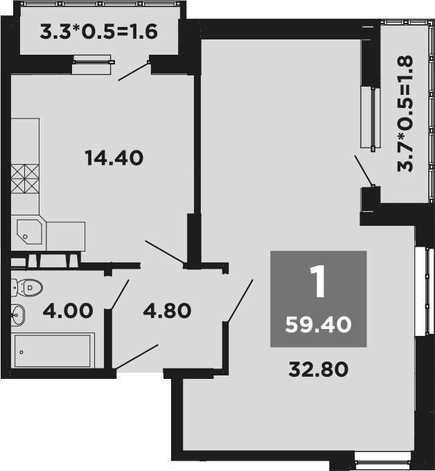 Продается 1-комн. квартира, 55.9 м²