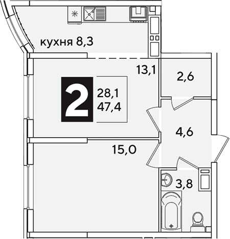 Продается 2-комн. квартира, 47.4 м²