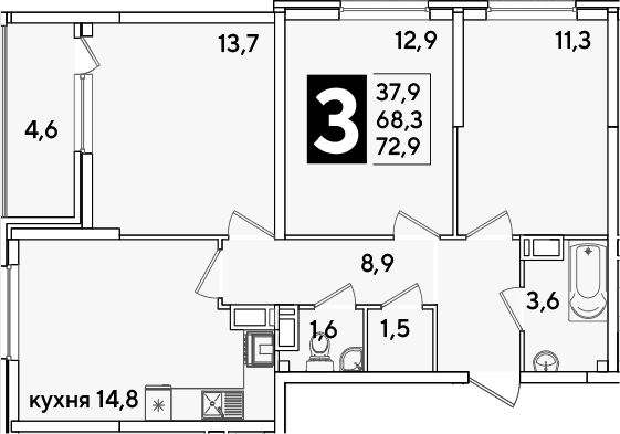 Продается 3-комн. квартира, 68.3 м²