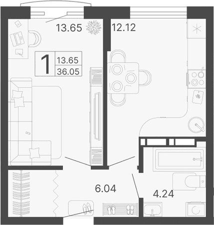 Продается 1-комн. квартира, 36.05 м²