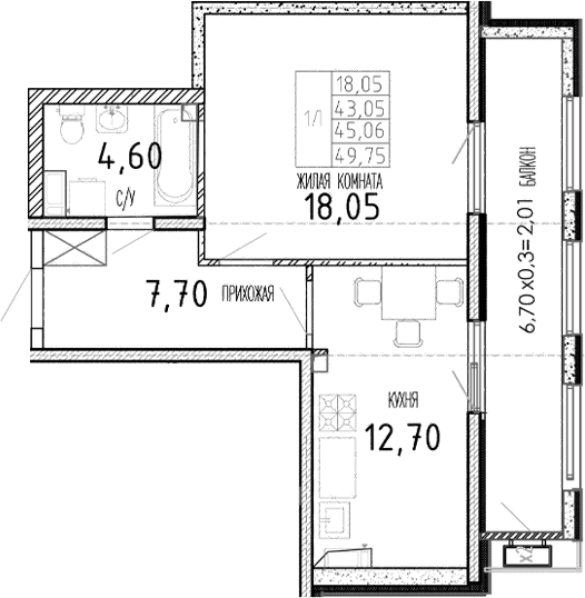Продается 1-комн. квартира, 43.05 м²