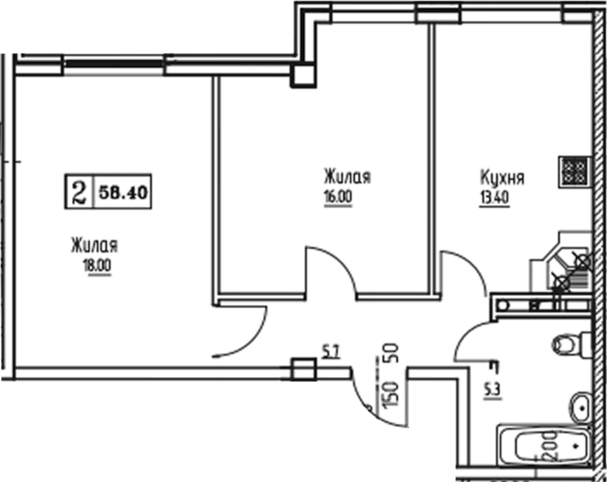 Продается 2-комн. квартира, 58.36 м²