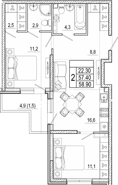 Продается 3-комн. квартира, 57.4 м²