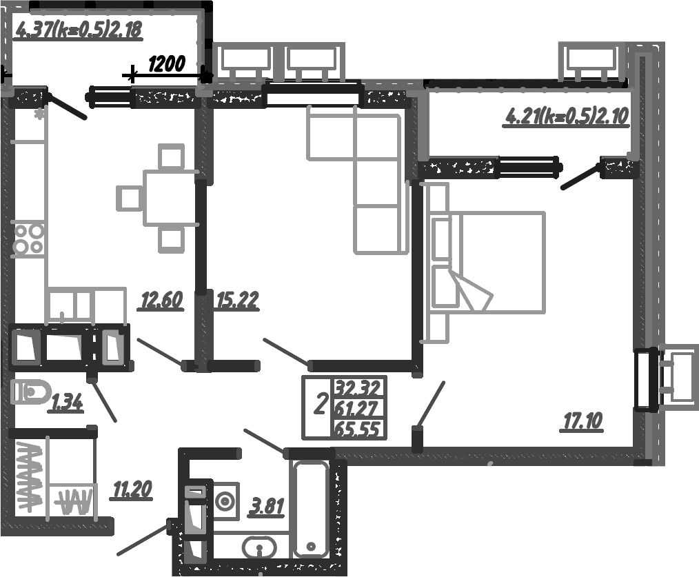 Продается 2-комн. квартира, 61.25 м²