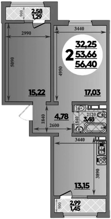 Продается 2-комн. квартира, 53.66 м²