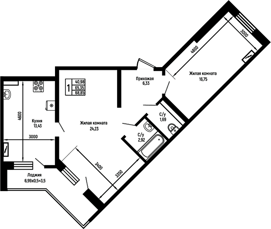 Продается 2-комн. квартира, 65.35 м²