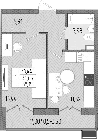 Продается 1-комн. квартира, 34.65 м²