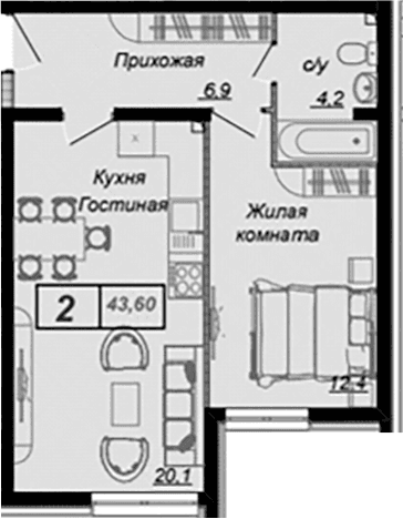 Продается 1-комн. квартира, 43.6 м²