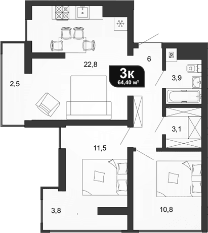 Продается 2-комн. квартира, 58.1 м²