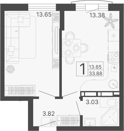 Продается 1-комн. квартира, 33.88 м²