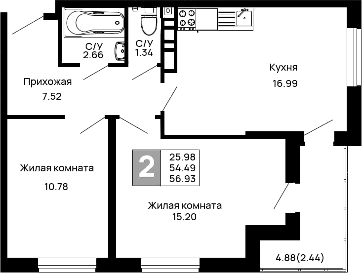 Продается 2-комн. квартира, 54.49 м²