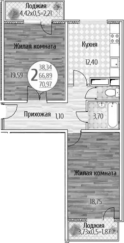 Продается 2-комн. квартира, 66.89 м²