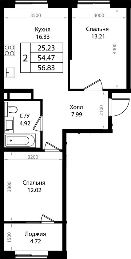 Продается 2-комн. квартира, 54.19 м²