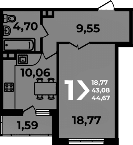 Продается 1-комн. квартира, 43.08 м²