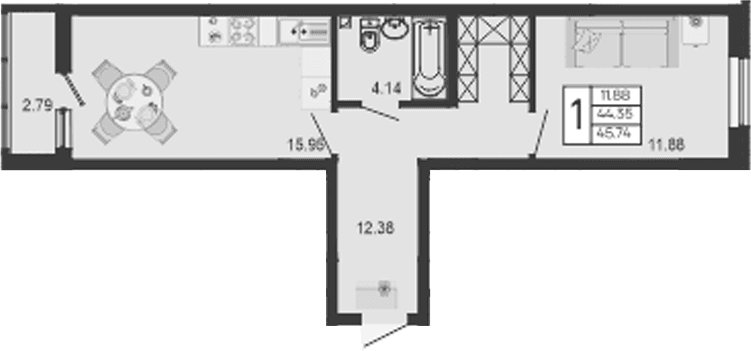 Продается 1-комн. квартира, 44.34 м²