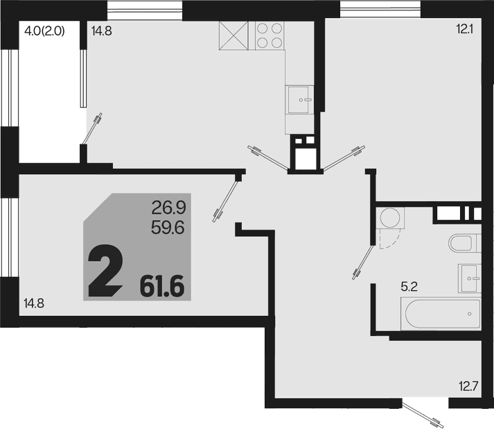 Продается 2-комн. квартира, 59.6 м²