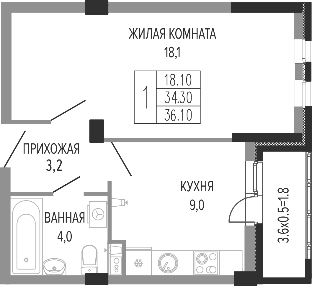 Продается 1-комн. квартира, 34.3 м²