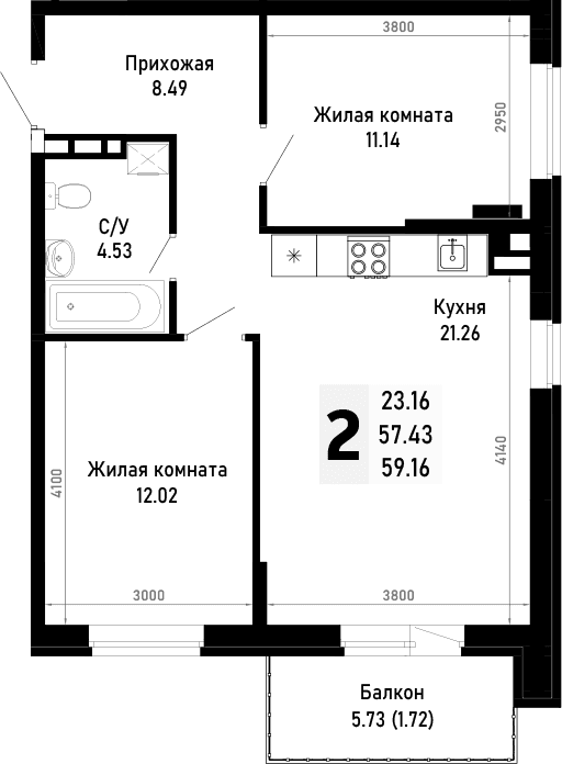 Продается 2-комн. квартира, 57.44 м²