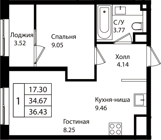 Продается 2-комн. квартира, 34.44 м²