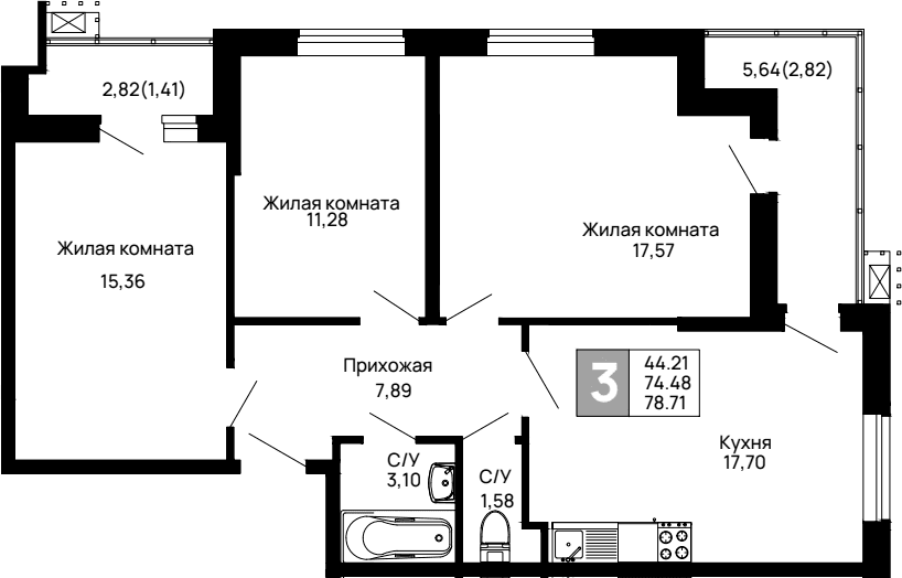 Продается 3-комн. квартира, 74.48 м²