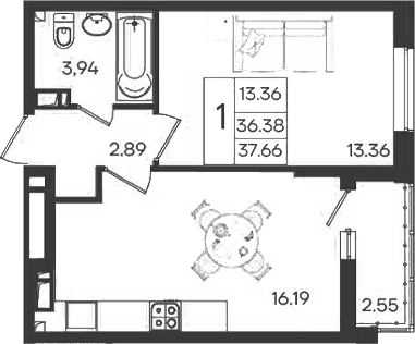 Продается 1-комн. квартира, 36.38 м²