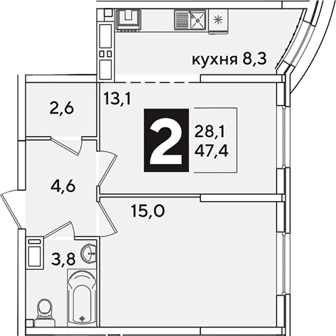 Продается 2-комн. квартира, 47.4 м²