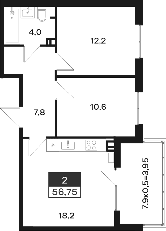 Продается 2-комн. квартира, 52.8 м²