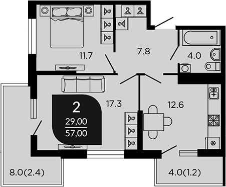 Продается 2-комн. квартира, 54.67 м²