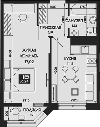 Продается 1-комн. квартира, 35.23 м²