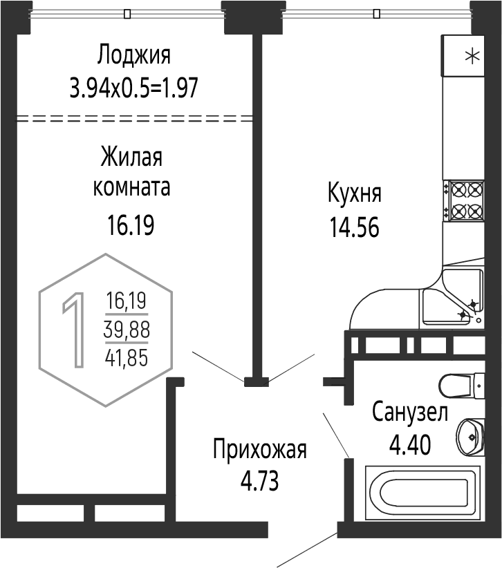 Продается 1-комн. квартира, 39.88 м²
