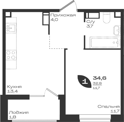 Продается 1-комн. квартира, 32.8 м²