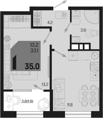 Продается 1-комн. квартира, 33.1 м²
