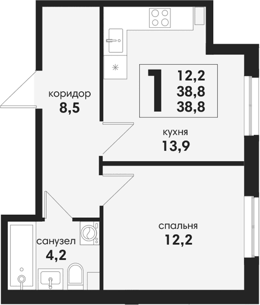 Продается 1-комн. квартира, 38.8 м²