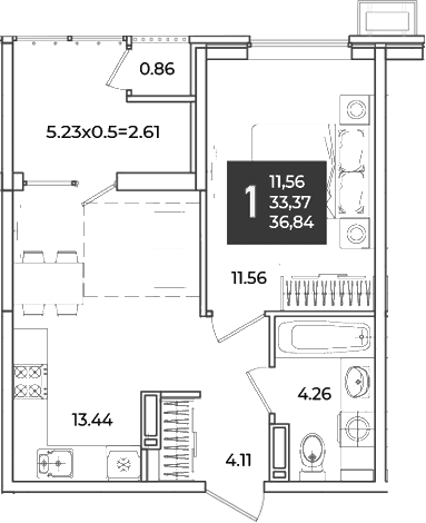 Продается 1-комн. квартира, 33.37 м²