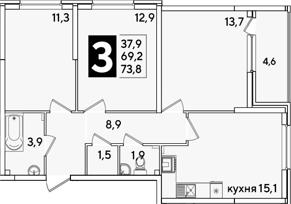 Продается 4-комн. квартира, 69.2 м²