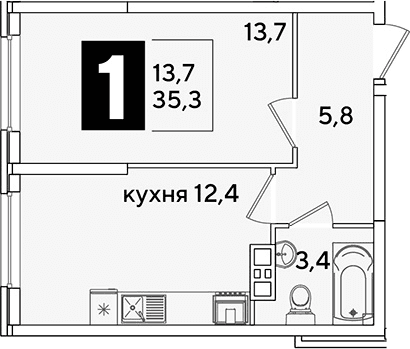 Продается 1-комн. квартира, 35.3 м²