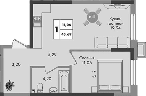 Продается 1-комн. квартира, 43.69 м²