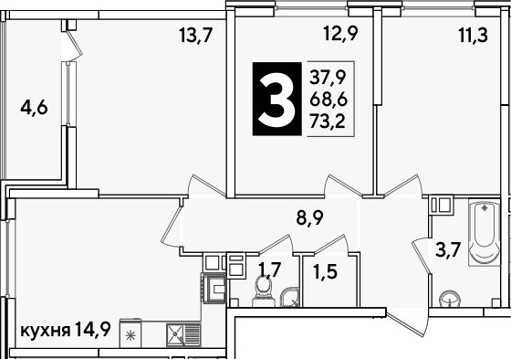 Продается 3-комн. квартира, 68.6 м²