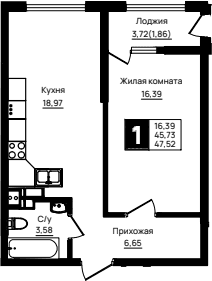 Продается 1-комн. квартира, 45.66 м²