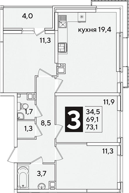 Продается 4-комн. квартира, 69.1 м²