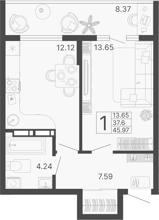 Продается 1-комн. квартира, 37.6 м²